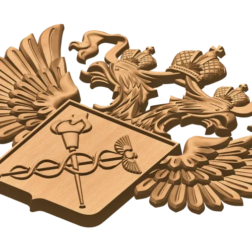 Барельеф «Двуглавый орёл с кадуцеем» - резной деревянный герб