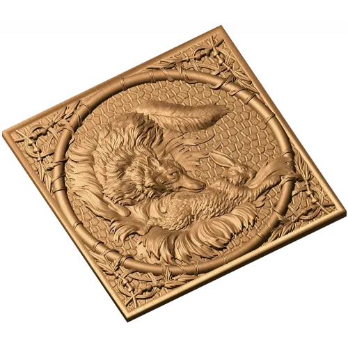 Резное панно «Лиса и заяц» - деревянный декор в рамке