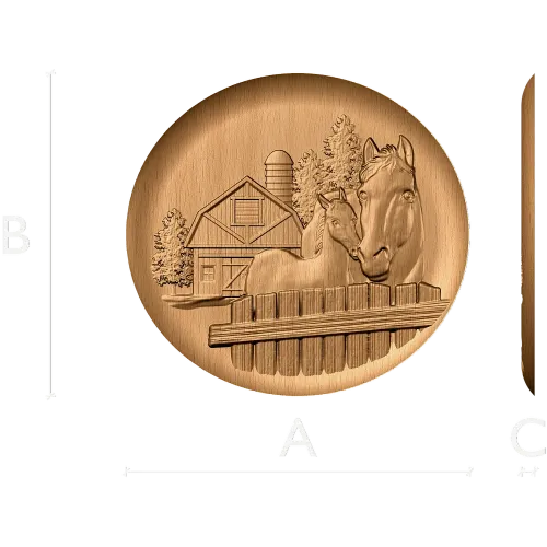 Круглый резной медальон «Лошади у амбара» - деревянный декоративный рельеф