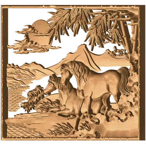 Галоп под солнцем - резная панель из дерева с лошадьми