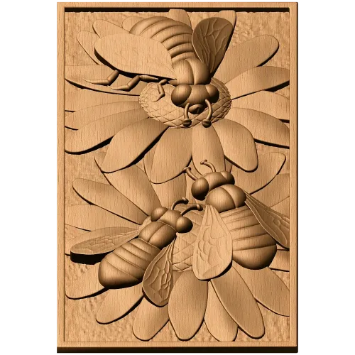 Резная панель «Пчёлы на цветах» - деревянный декор из дуба, бука или ясеня
