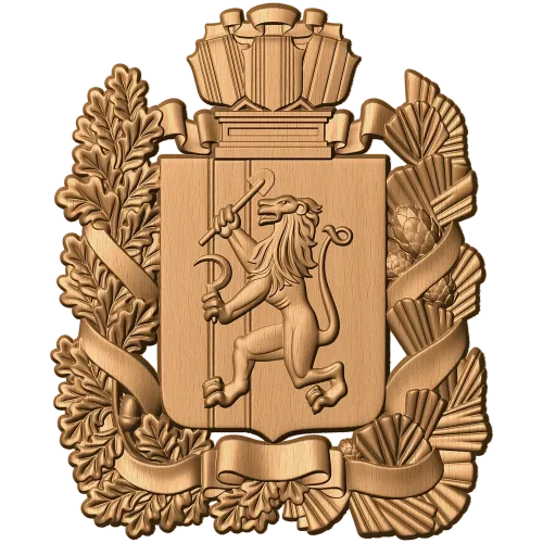 Герб Красноярска - резной деревянный щит в рельефе