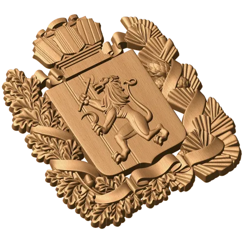 Герб Красноярска - резной деревянный щит в рельефе