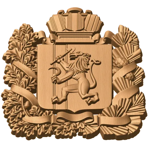 Герб Красноярска - резной деревянный щит в рельефе