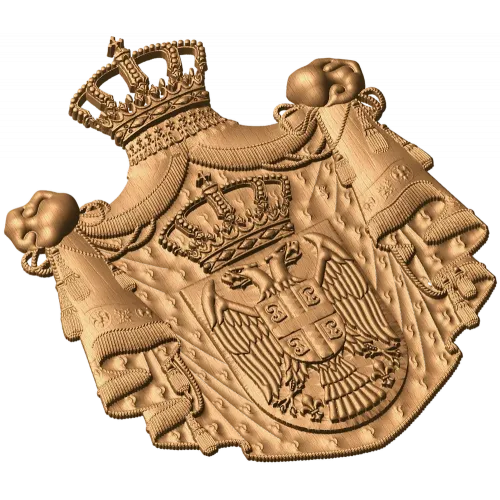 Резной герб Сербии из дерева - коронованный щит в глубоком рельефе