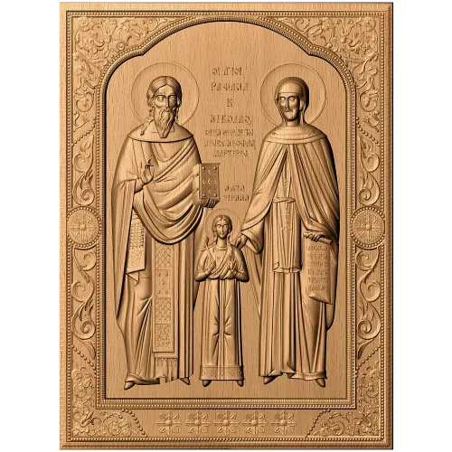 Икона святых Рафаила, Николая и Ирины - резной деревянный барельеф