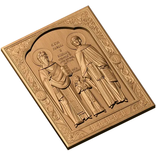Икона святых Рафаила, Николая и Ирины - резной деревянный барельеф