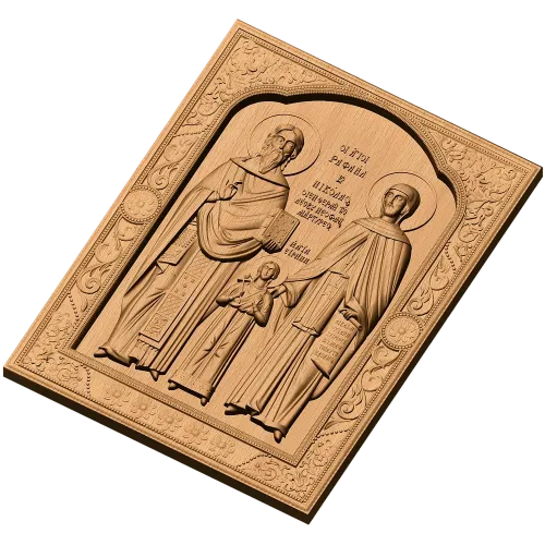 Икона святых Рафаила, Николая и Ирины - резной деревянный барельеф