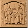 Икона святых Рафаила, Николая и Ирины - резной деревянный барельеф