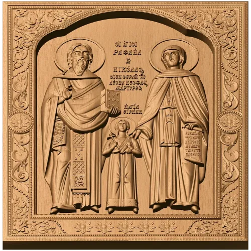 Икона святых Рафаила, Николая и Ирины - резной деревянный барельеф