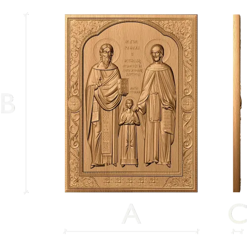 Икона святых Рафаила, Николая и Ирины - резной деревянный барельеф