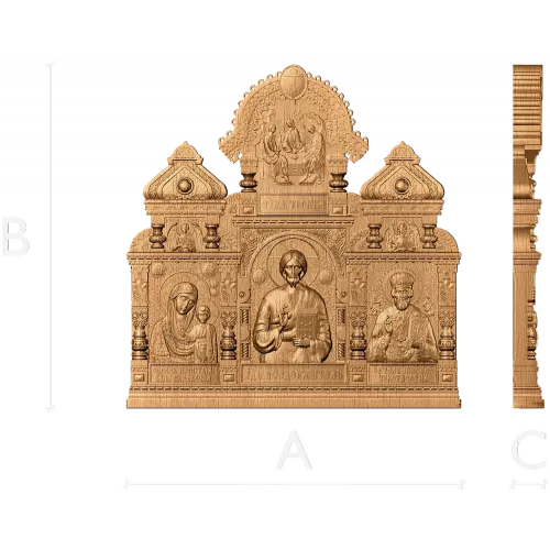 Резной иконостас «Святая Троица» - деревянный домашний киот из дуба, бука, ясеня