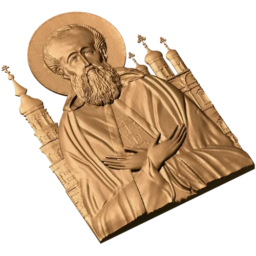 Резная икона Иосифа Волоцкого - деревянная арочная панель