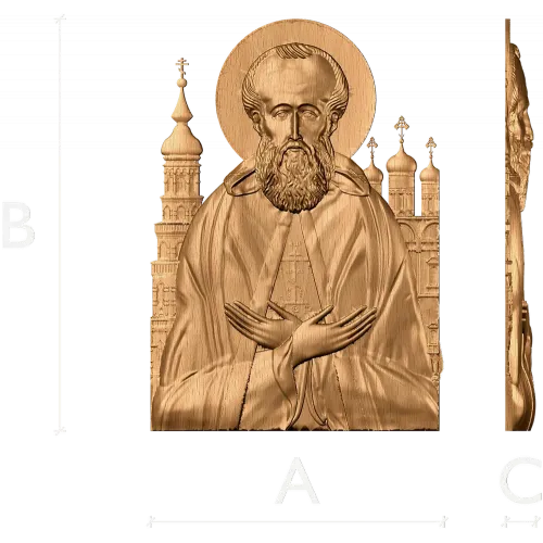 Резная икона Иосифа Волоцкого - деревянная арочная панель