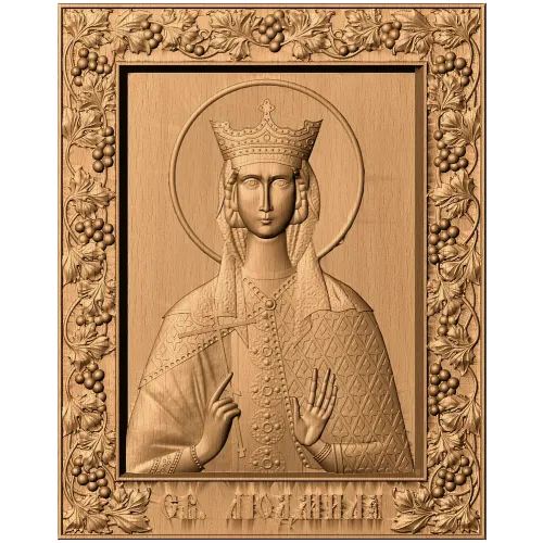 Резная икона «Святая Людмила» - деревянный рельеф в резной раме