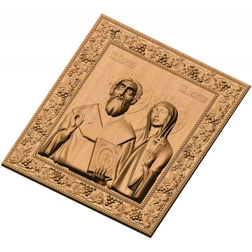 Резная деревянная икона «Священномученик Киприан и мученица Иустина»