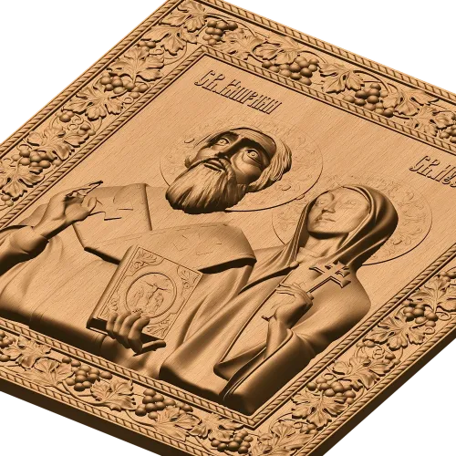 Резная деревянная икона «Священномученик Киприан и мученица Иустина»