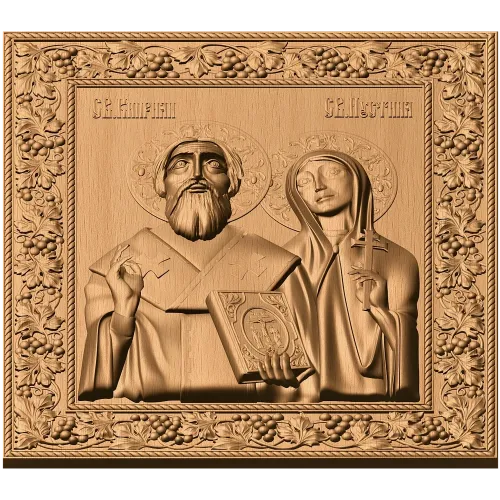 Резная деревянная икона «Священномученик Киприан и мученица Иустина»