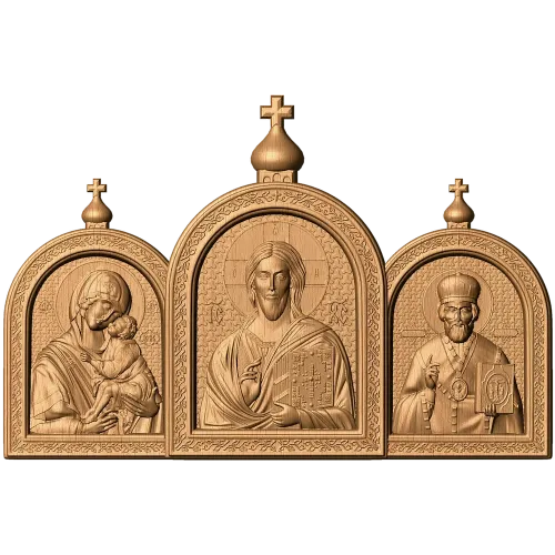 Резной триптих с иконой Христа, Богородицы и Николая
