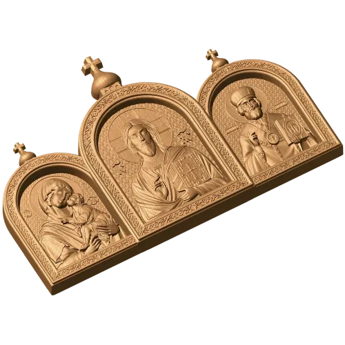Резной триптих с иконой Христа, Богородицы и Николая