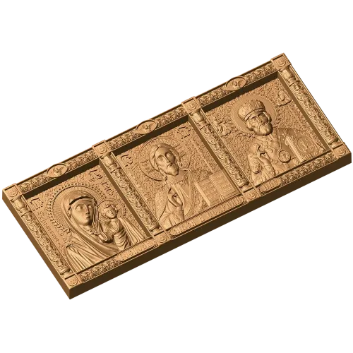 Резной тройник с образами Богоматери, Спаса и Николая - деревянный триптих