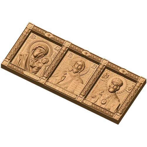 Резной тройник с образами Богоматери, Спаса и Николая - деревянный триптих