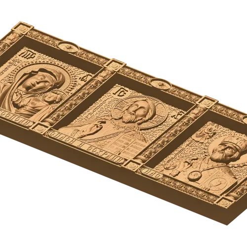 Резной тройник с образами Богоматери, Спаса и Николая - деревянный триптих