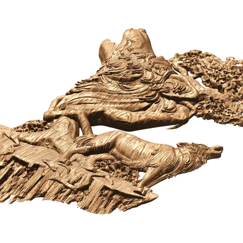 Волки у дерева - резное панно из дерева, рельефное украшение интерьера