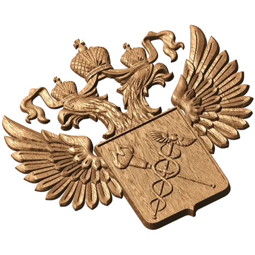 Барельеф «Двуглавый орёл с кадуцеем» - резной деревянный герб