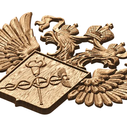 Барельеф «Двуглавый орёл с кадуцеем» - резной деревянный герб