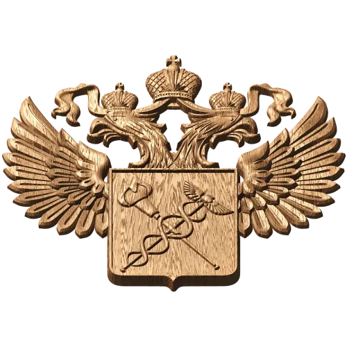 Барельеф «Двуглавый орёл с кадуцеем» - резной деревянный герб
