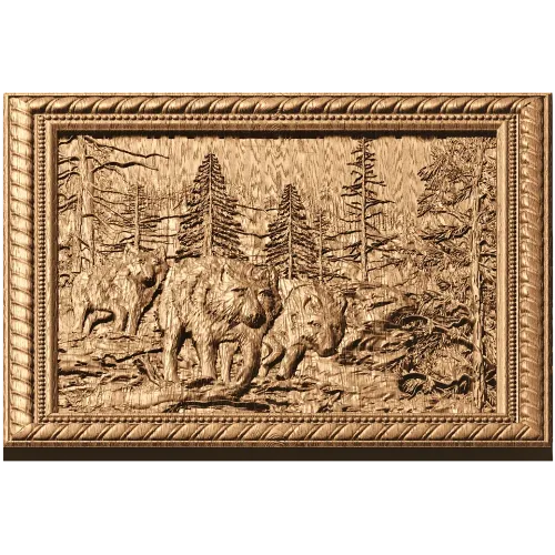 Панно «Волки в лесу» - резной деревянный декор в рамке