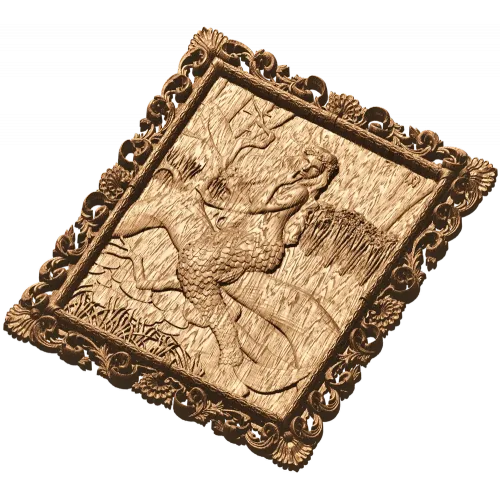 Резное панно «Русалка у озера» - деревянный рельеф в ажурной раме