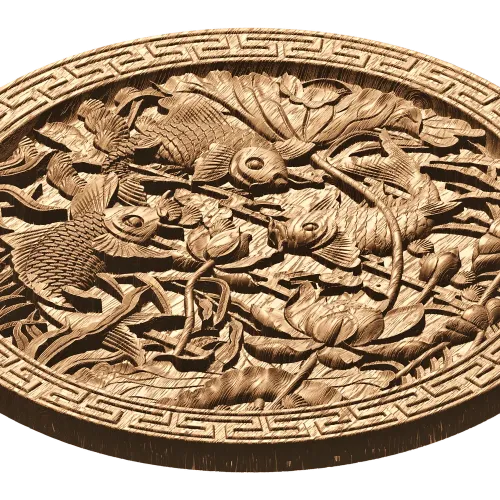 Резной деревянный медальон «Карпы и лотосы»