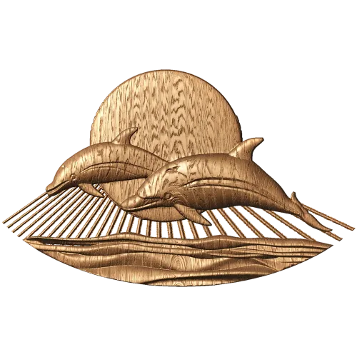 Резное панно «Дельфинчики у заката» - деревянный декор из дуба, бука или ясеня