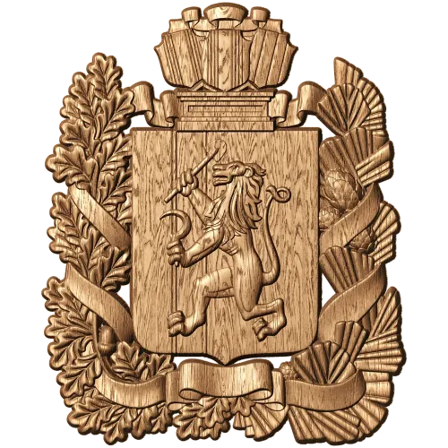 Герб Красноярска - резной деревянный щит в рельефе