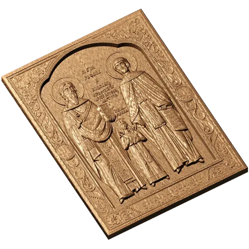 Икона святых Рафаила, Николая и Ирины - резной деревянный барельеф