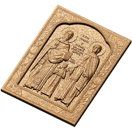 Икона святых Рафаила, Николая и Ирины - резной деревянный барельеф