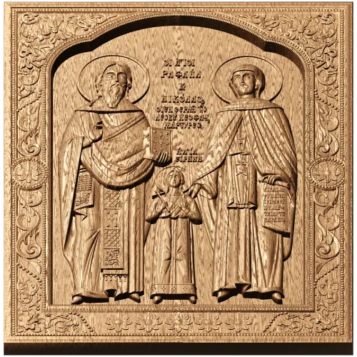Икона святых Рафаила, Николая и Ирины - резной деревянный барельеф