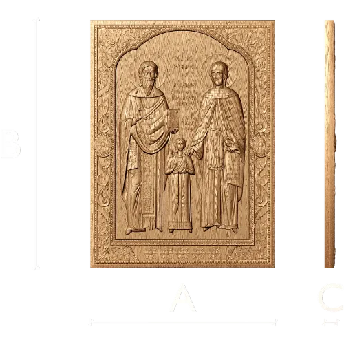 Икона святых Рафаила, Николая и Ирины - резной деревянный барельеф
