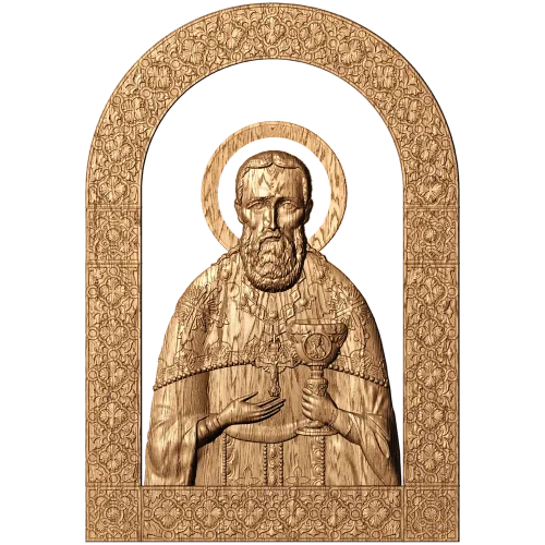 Резная арочная икона Иоанн Кронштадтский - деревянное панно в рельефе