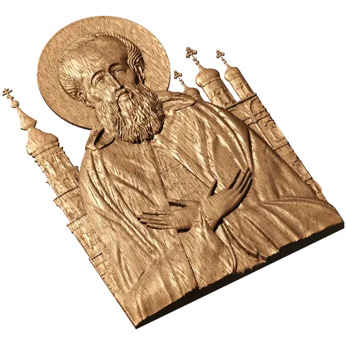 Резная икона Иосифа Волоцкого - деревянная арочная панель