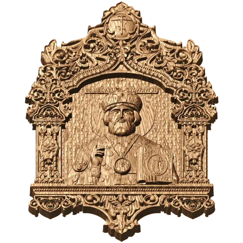 Резная икона «Николай Чудотворец» - деревянное панно высокого рельефа