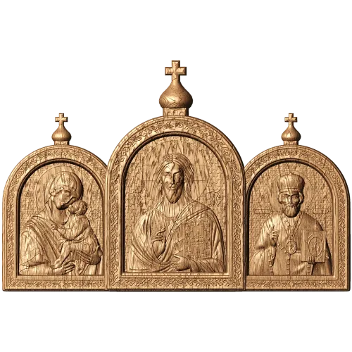 Резной триптих с иконой Христа, Богородицы и Николая