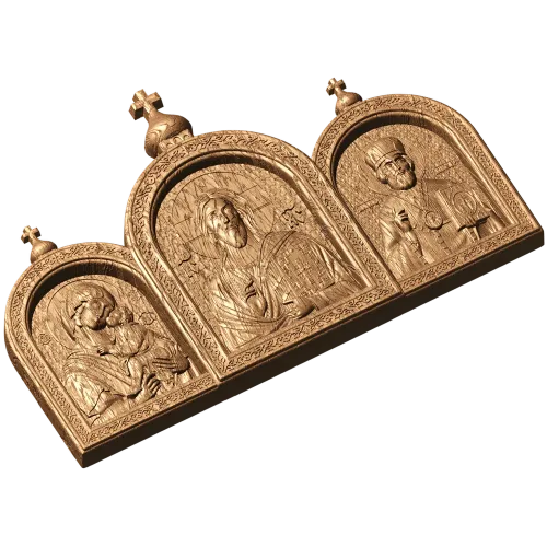 Резной триптих с иконой Христа, Богородицы и Николая
