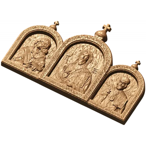 Резной триптих с иконой Христа, Богородицы и Николая