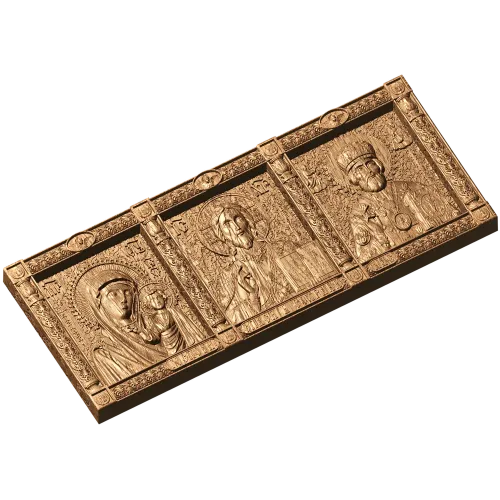 Резной тройник с образами Богоматери, Спаса и Николая - деревянный триптих