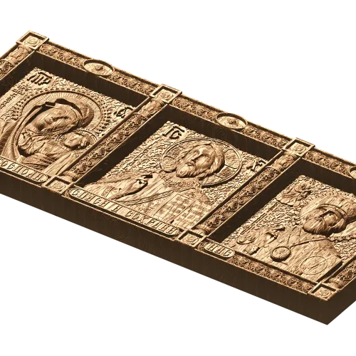 Резной тройник с образами Богоматери, Спаса и Николая - деревянный триптих